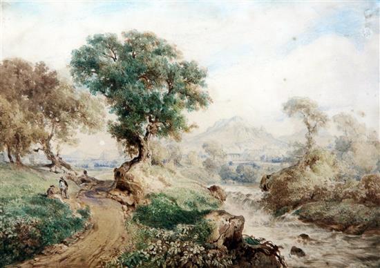 Attributed Thomas Creswick (1811-1869) Travellers in a river landscape 7.5 x 10.5in.